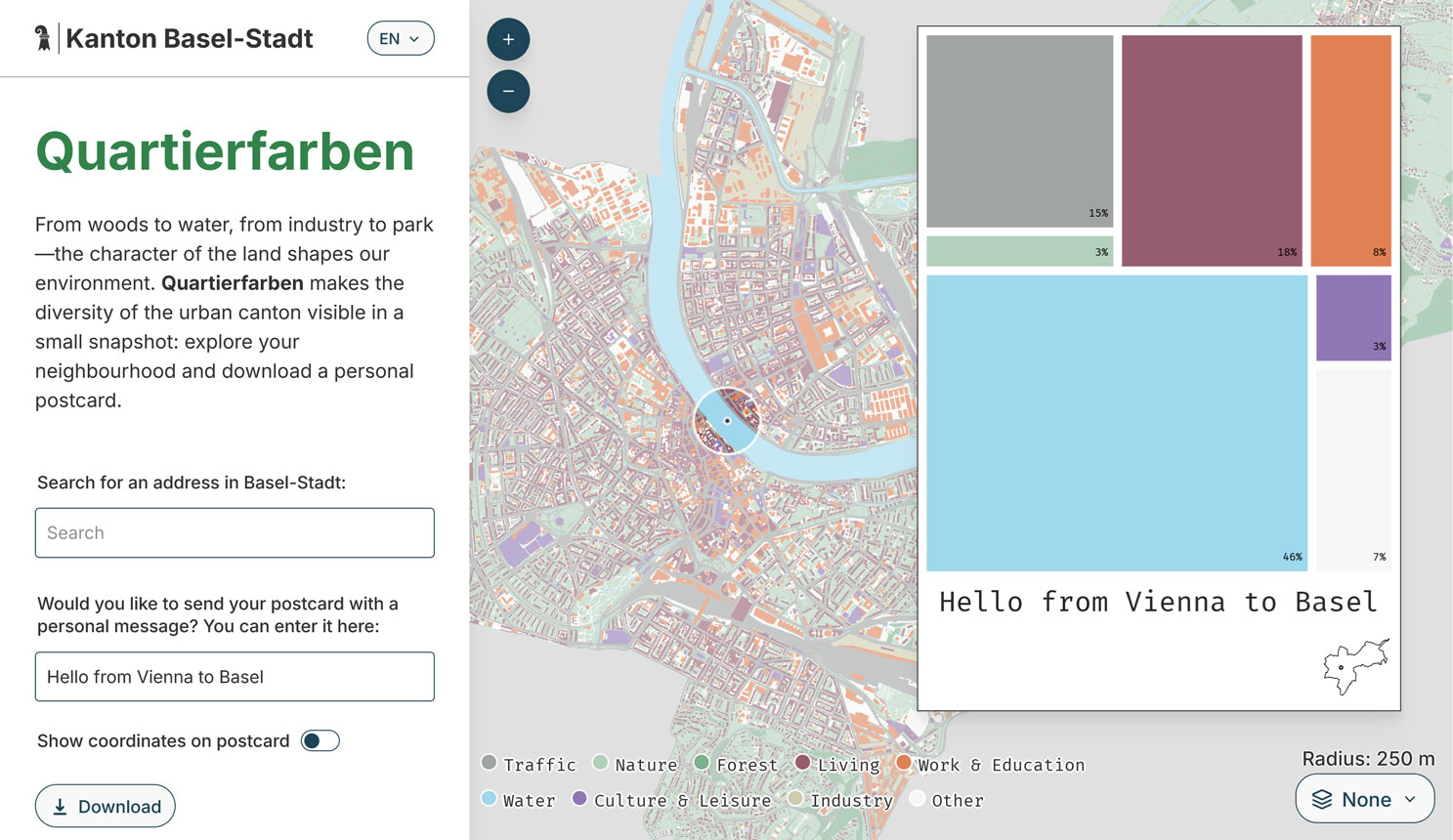 Screenshot of the Quartierfarben interface